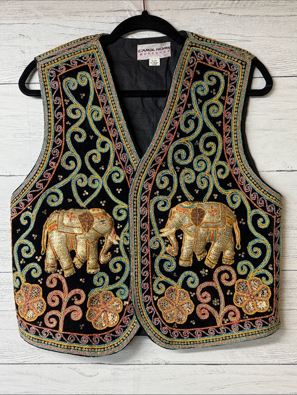 Vintage Carol Horn Workshop Beaded Statement Embroidered Elephant Vest
